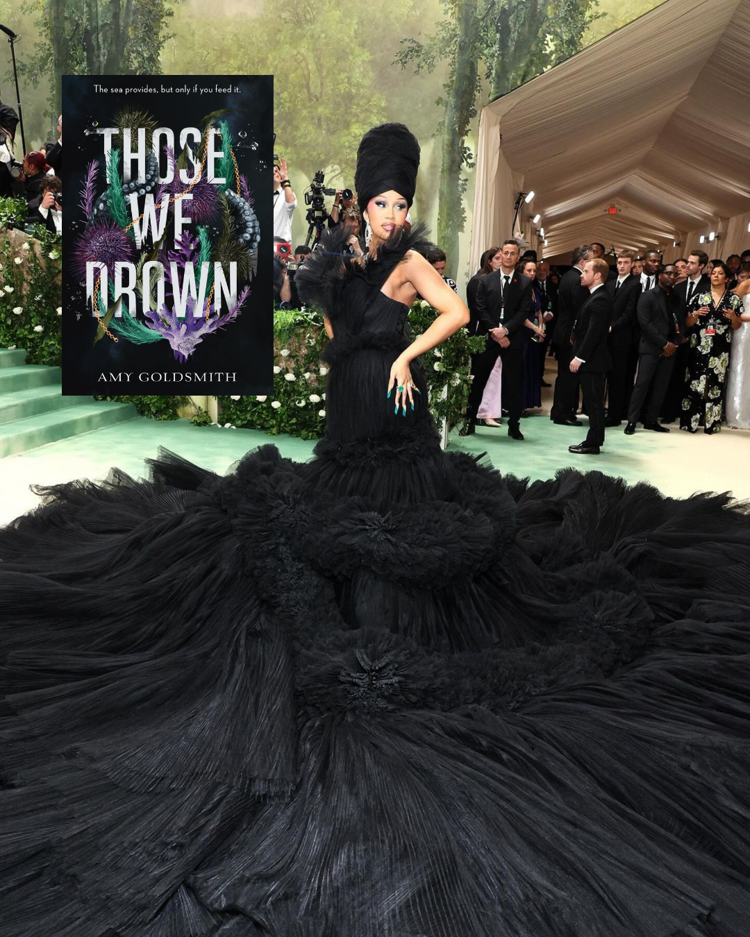 CardiB's gown looks ready to swallow you up, just like the cover of THOSE WE DROWN. (Photo credit: @poststyle on Instagram)
