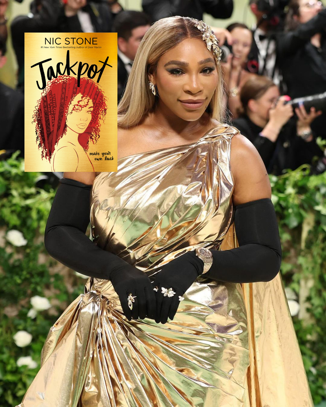 Serena Williams shimmers in gold, just like the shiny cover of JACKPOT. (Photo credit: @vanityfair on Instagram)